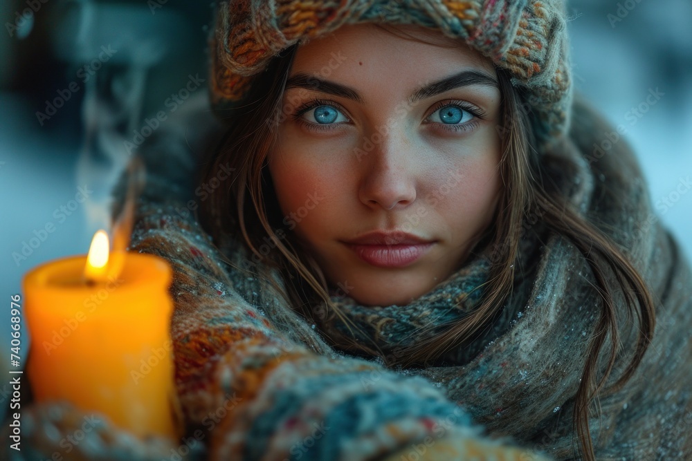 Young Woman Staying Warm by Candlelight During an Energy Crisis in Winter Young Woman Staying Warm by Candlelight During an Energy Crisis in Winter