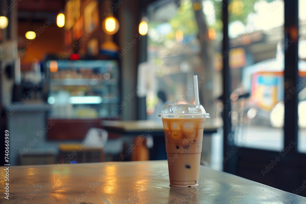 Iced coffee in coffee shop in a plastic cup. - obrazy, fototapety, plakaty 
