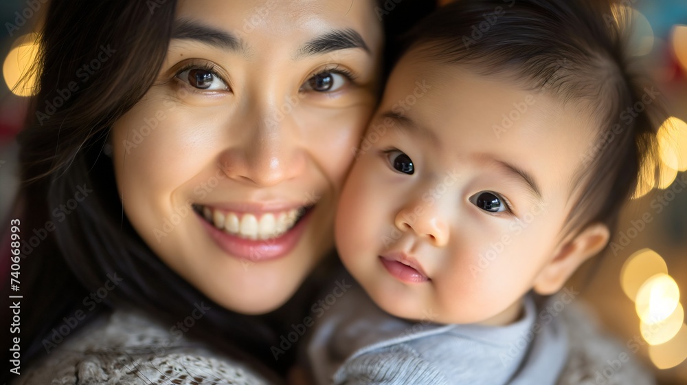 Asian mother and her cute little baby son, woman standing outdoors with her male child or kid, both of them are smiling and looking at the camera. Home relaxation, happy family, motherhood concept Asian mother and her cute little baby son, woman standing outdoors with her male child or kid, both of them are smiling and looking at the camera. Home relaxation, happy family, motherhood concept