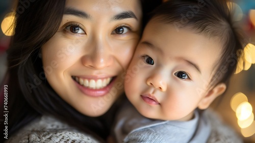 Asian mother and her cute little baby son, woman standing outdoors with her male child or kid, both of them are smiling and looking at the camera. Home relaxation, happy family, motherhood concept