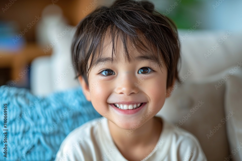Close-up of a bright smiling Asian boy child showing off healthy white teeth Close-up of a bright smiling Asian boy child showing off healthy white teeth