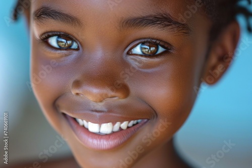 Close-up of a bright smiling African boy child showing off healthy white teeth
