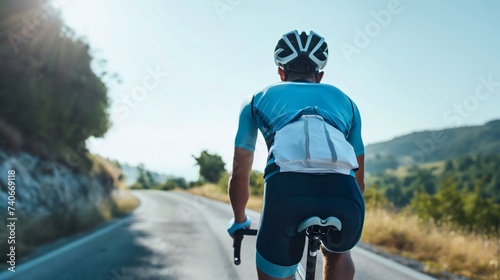 Professional male cyclist wearing sunglasses, safety helmet and a sport uniform, riding a bike, athlete in motion on a sunny summer day, tour race event © Nemanja