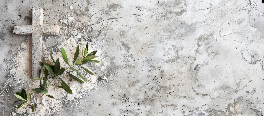 Cross, ashes, and olive leaves on marble stone background. Ash Wednesday concept, easter, horizontal background, copy space for text Cross, ashes, and olive leaves on marble stone background. Ash Wednesday concept, easter, horizontal background, copy space for text