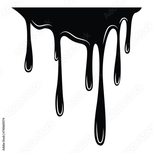 Paint dripping liquid. Flowing oil stain. Set of black drips. Abstract flow stencil, current ink streak or fluid smudge. Vector illustration on white background