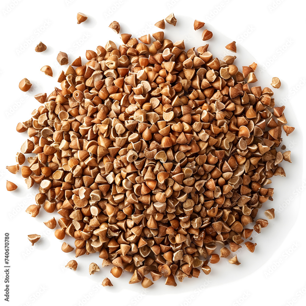 Closeup of brown buckwheat grain top view isolated on white background