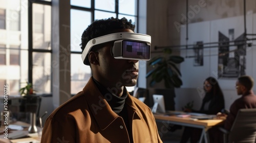 African young man wearing virtual reality glasses in modern interior design coworking studio using with VR goggles headset.