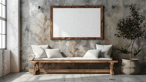 A mockup poster blank frame hanging above a rustic wooden bench, Scandinavian living area