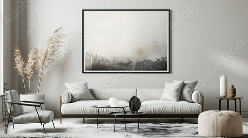 A mockup poster blank frame hanging above a modern coffee table, Scandinavian living area