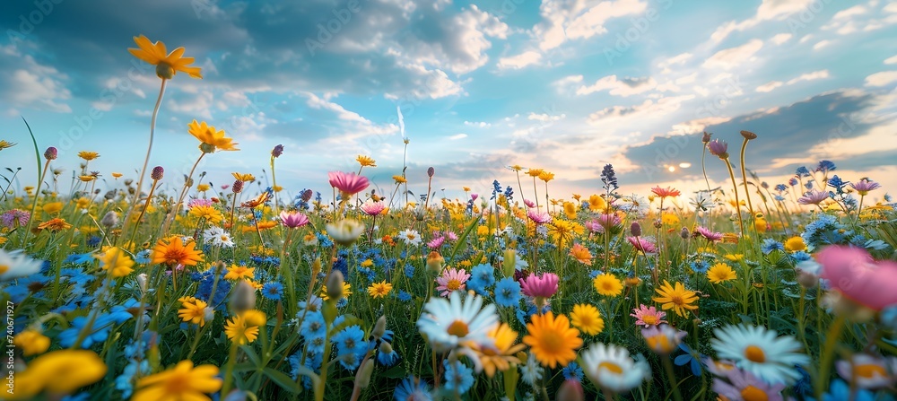 The sun shines through a colorful field of flowers