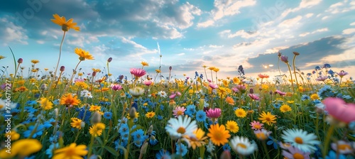 The sun shines through a colorful field of flowers