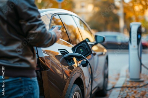 Businessman holding smartphone while charging car at electric vehicle charging station, closeup.