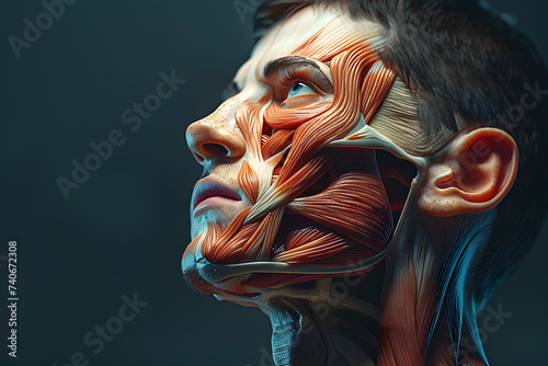 SIde view man face human anatomy, skin and muscles