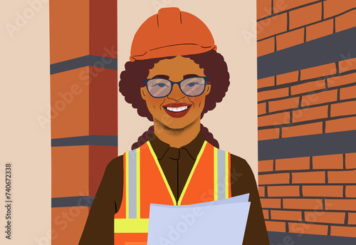 Smiling female construction worker holding plans photo