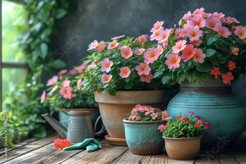 pink flowers pots with watering can and gloves on wooden floor