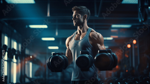 Athletic man working out with dumbbells. © Mishab