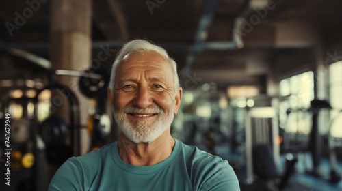 Portrait of an old senior man standing in the modern gym interior room, looking at the camera and smiling. Male retired pensioner working out indoors, aged grandpa healthy lifestyle and exercise