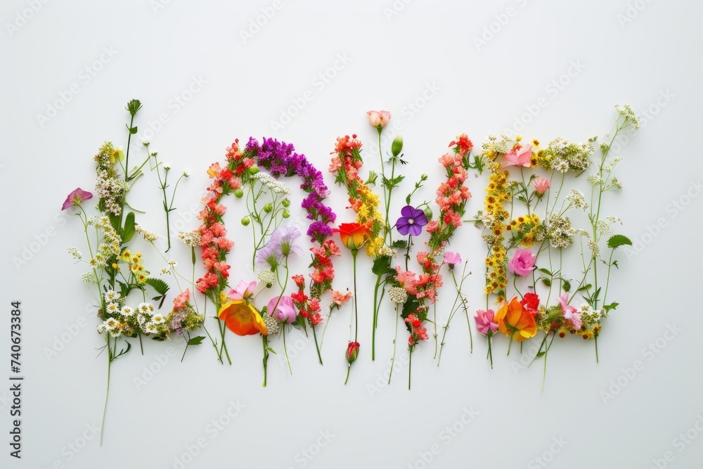 Love word made of flowers and petals on white background. Love concept. Flat lay.