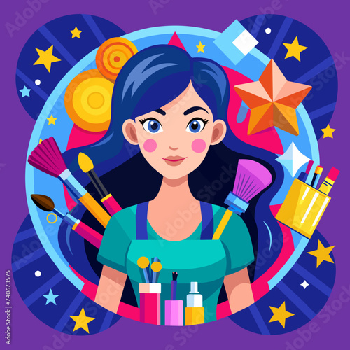 Girl Makeup Artist with Makeup Tools and Elements