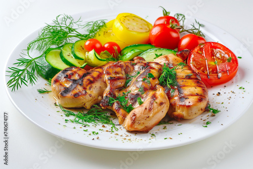 grilled chicken plate with vegetables and herbs, dill, tomatoes, selective focus
