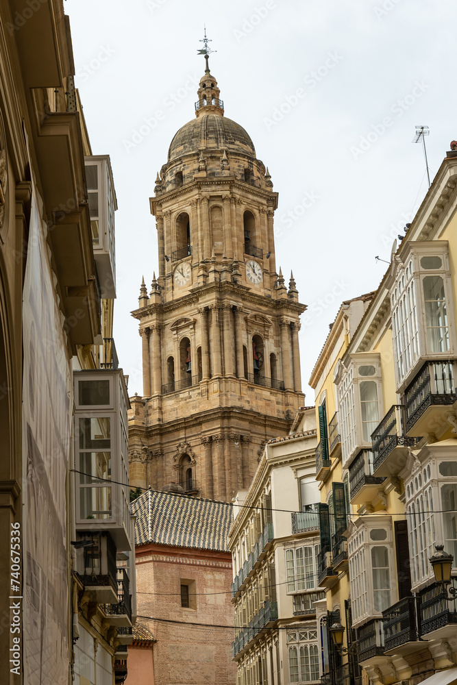 Malaga Cathedral Towering Above Historic City Street