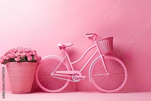 Pink cycle with pink wall and flowers pink color pink background pink world AI Generated 