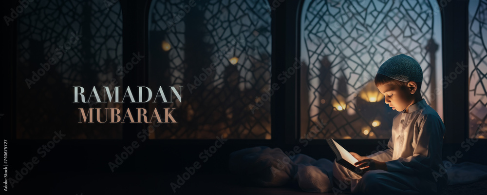 A Young Muslim Boy Reading the Quran by the Light of a Mosque at Night, Fictional character created by Generative AI.  - obrazy, fototapety, plakaty 