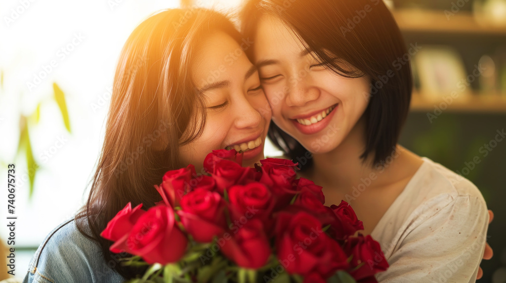 Happy asian young lesbian couple together holding flowers. Engagement celebration. Pride concept. Generative AI