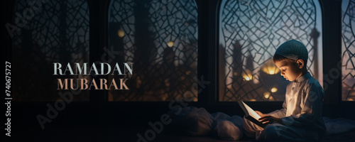 A Young Muslim Boy Reading the Quran by the Light of a Mosque at Night, Fictional character created by Generative AI. 