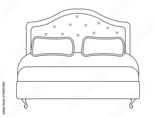Bed doodle icon in vector. Hand drawn bed icon in vector. Doodle bed illustration, contemporary bedroom interior with Modern Upholstered Headboard, white bed featuring a cozy blanket