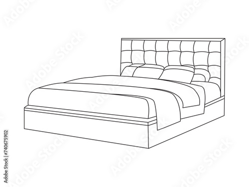Bed doodle icon in vector. Hand drawn bed icon in vector. Doodle bed illustration, contemporary bedroom interior with Modern Upholstered Headboard, white bed featuring a cozy blanket
