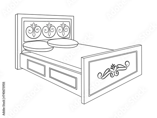 Bed doodle icon in vector. Hand drawn bed icon in vector. Doodle bed illustration, contemporary bedroom interior with Modern Upholstered Headboard, white bed featuring a cozy blanket