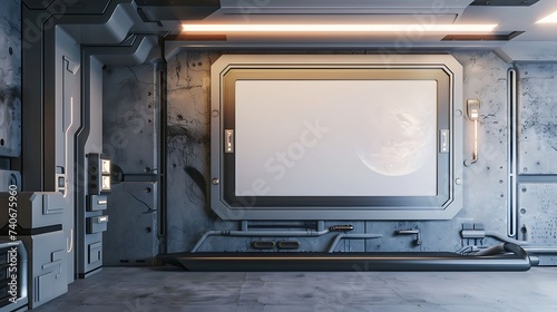 A Mock up poster frame in futuristic sci-fi interior background with high-tech gadgets 3D render