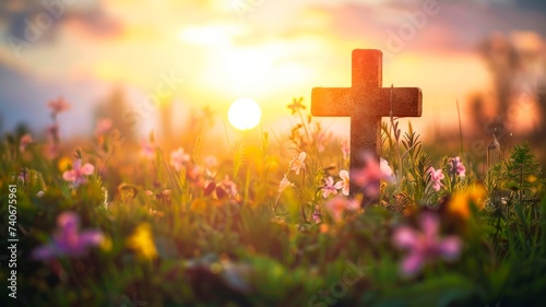 cross placed in a flowery field at sunset, spring, easter and  Ash Wednesday concept, horizontal background, copy space for text  photo