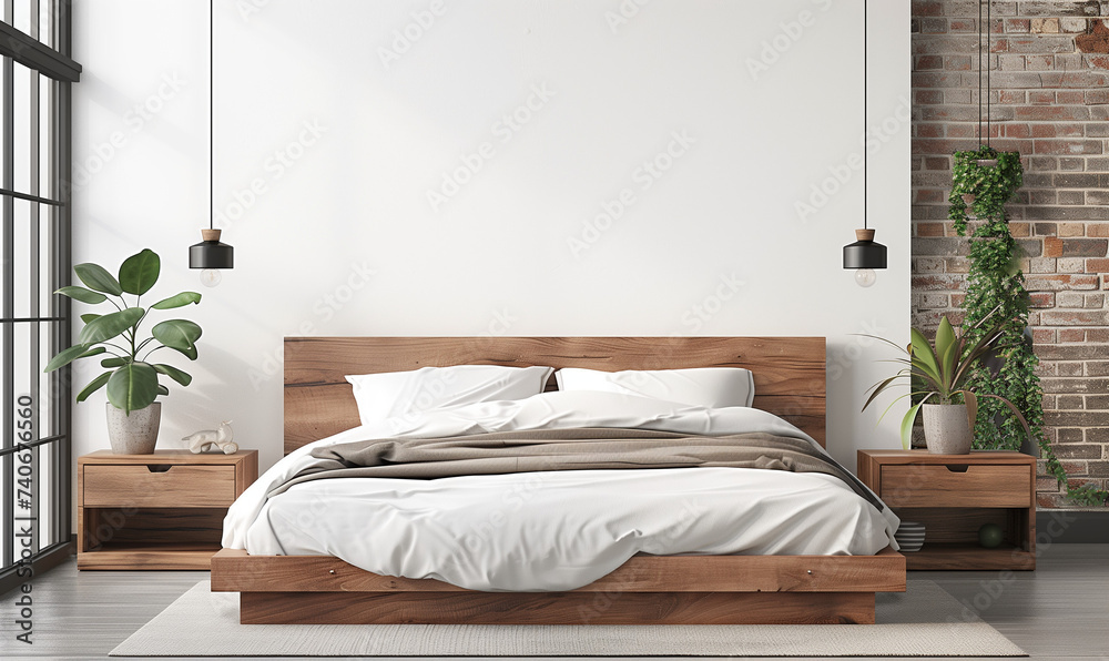 Drewniane łóżko na tle pustej białej ściany z miejscem do kopiowania. Skandynawska stylistyka, nowoczesna sypialnia  - obrazy, fototapety, plakaty 