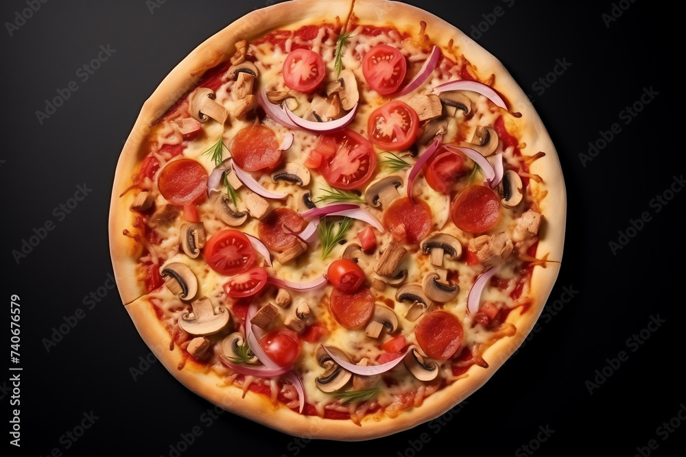 pizza regina with tomatoes mozzarella champignons ham, top view, isolated on black pizza regina with tomatoes mozzarella champignons ham, top view, isolated on black