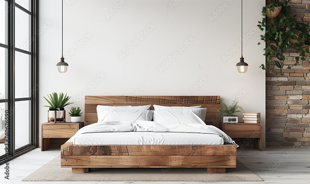 Drewniane łóżko na tle pustej białej ściany z miejscem do kopiowania. Skandynawska stylistyka, nowoczesna sypialnia  - obrazy, fototapety, plakaty 