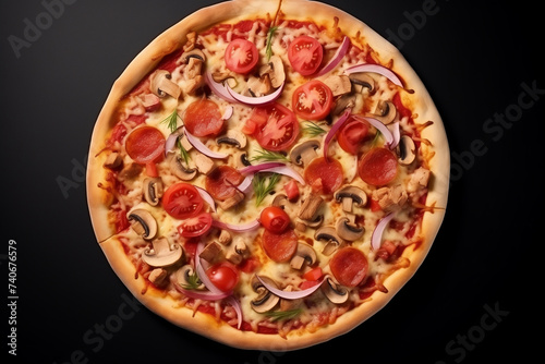 pizza regina with tomatoes mozzarella champignons ham, top view, isolated on black