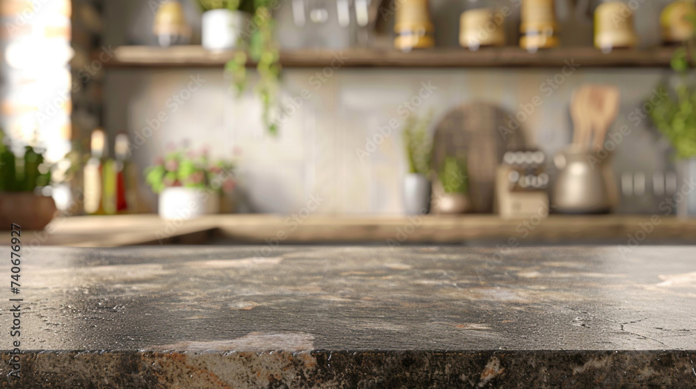 Granite table mockup with blur kitchen backoground for product advertisement.
