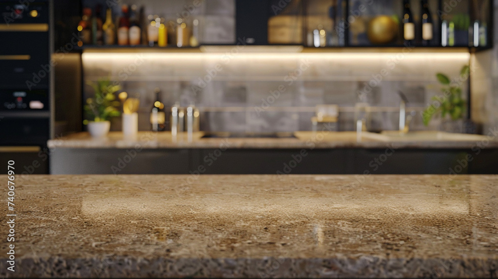 Granite table counter with blur modern kitchen background. For montage product display.