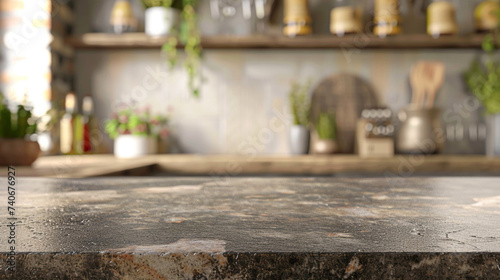 Granite table mockup with blur kitchen backoground for product advertisement.