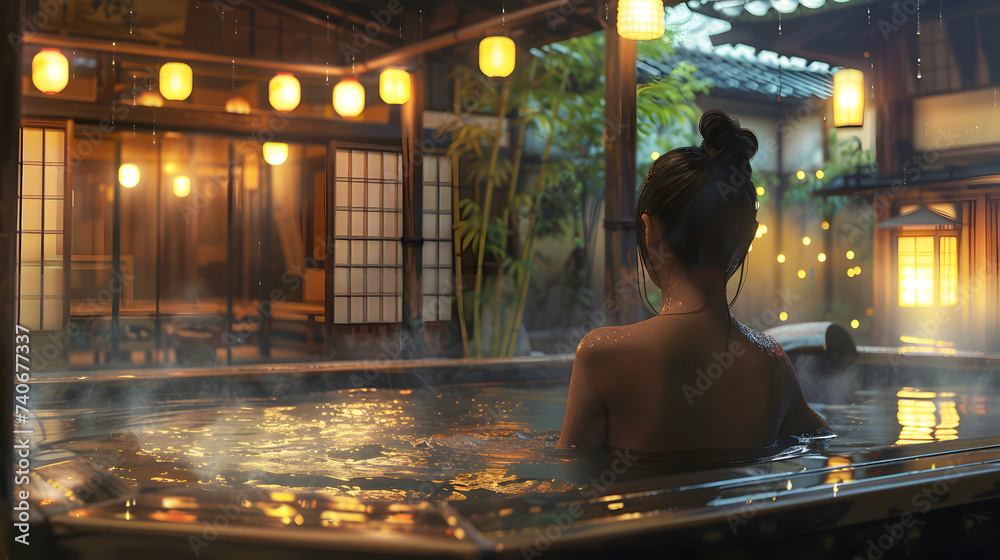 A young woman is enjoying a traditional Japanese onsen, The woman sitting in a wooden tub, The onsen located indoors.