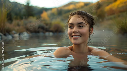 A young woman is smiling and relaxing in an outdoor hot spring with a mountain view, The woman could be wearing a swimsuit.