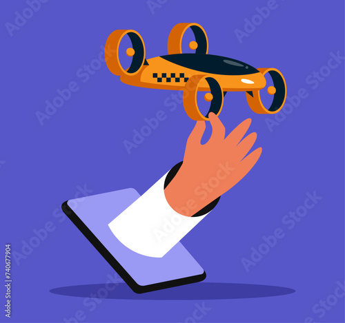 Drone Taxi. Man calls a flying taxi using an app. Flat vector illustration.