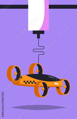 Drone Taxi. 3D printer prints a taxi quadcopter taxi. Flat vector illustration.