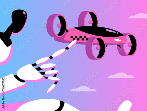 Drone Taxi. Robot with AI points to a flying taxi that flies in the sky. Flat vector illustration.