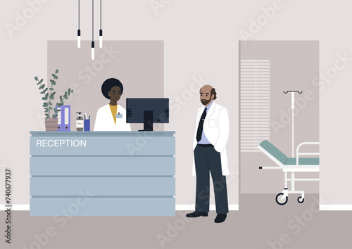 Serene Moment at the Hospital Reception With Doctor and Staff, A balding professor converses with a receptionist in the tranquil setting of a hospital lobby