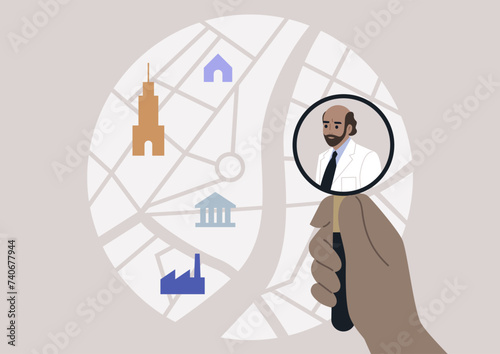 Find a specialist, a magnifying glass scaling up a city map, a doctor appointment