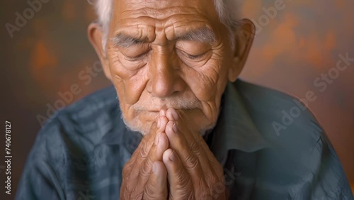 An elderly Hispanic man closes his eyes and prays for healing as he reflects on the trauma of his familys migration and the struggles they faced as immigrants, Old male Engaged in Prayer photo