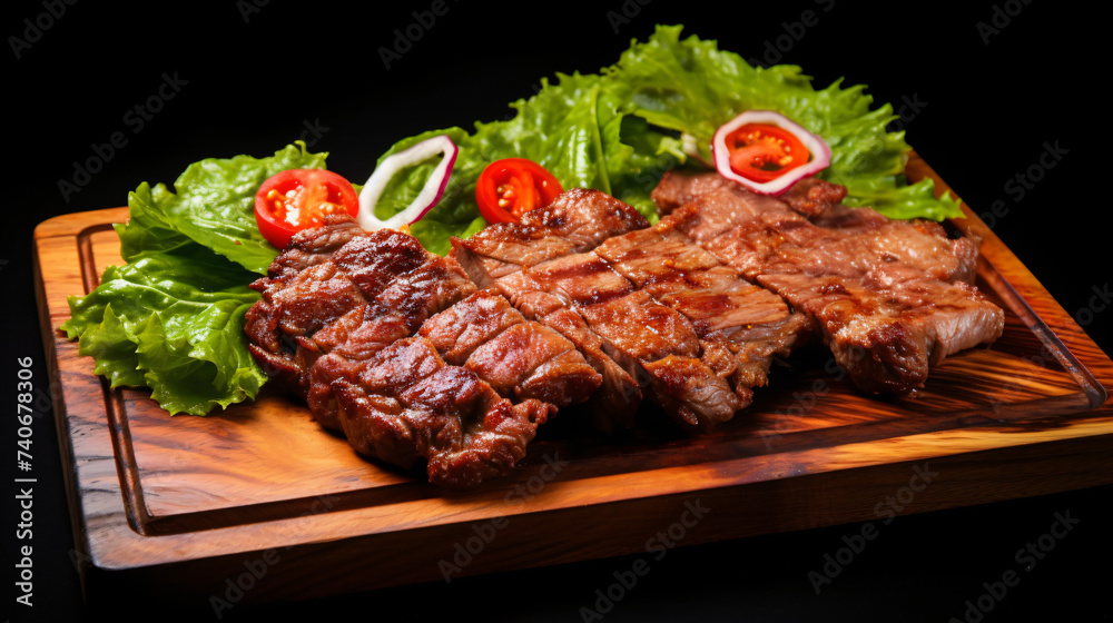 BBQ beef and pork steak garnished with green.